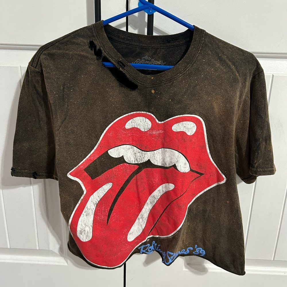 The Rolling Stones Destroyed Bleached Out 89 Tour Raw Cropped Graphic Band Tee
